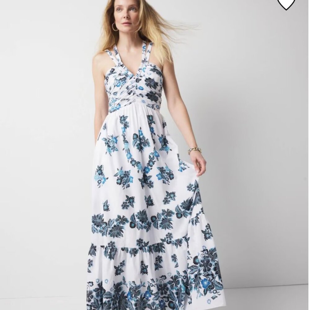 White House Black Market White Floral Maxi Dress with Blue Accents